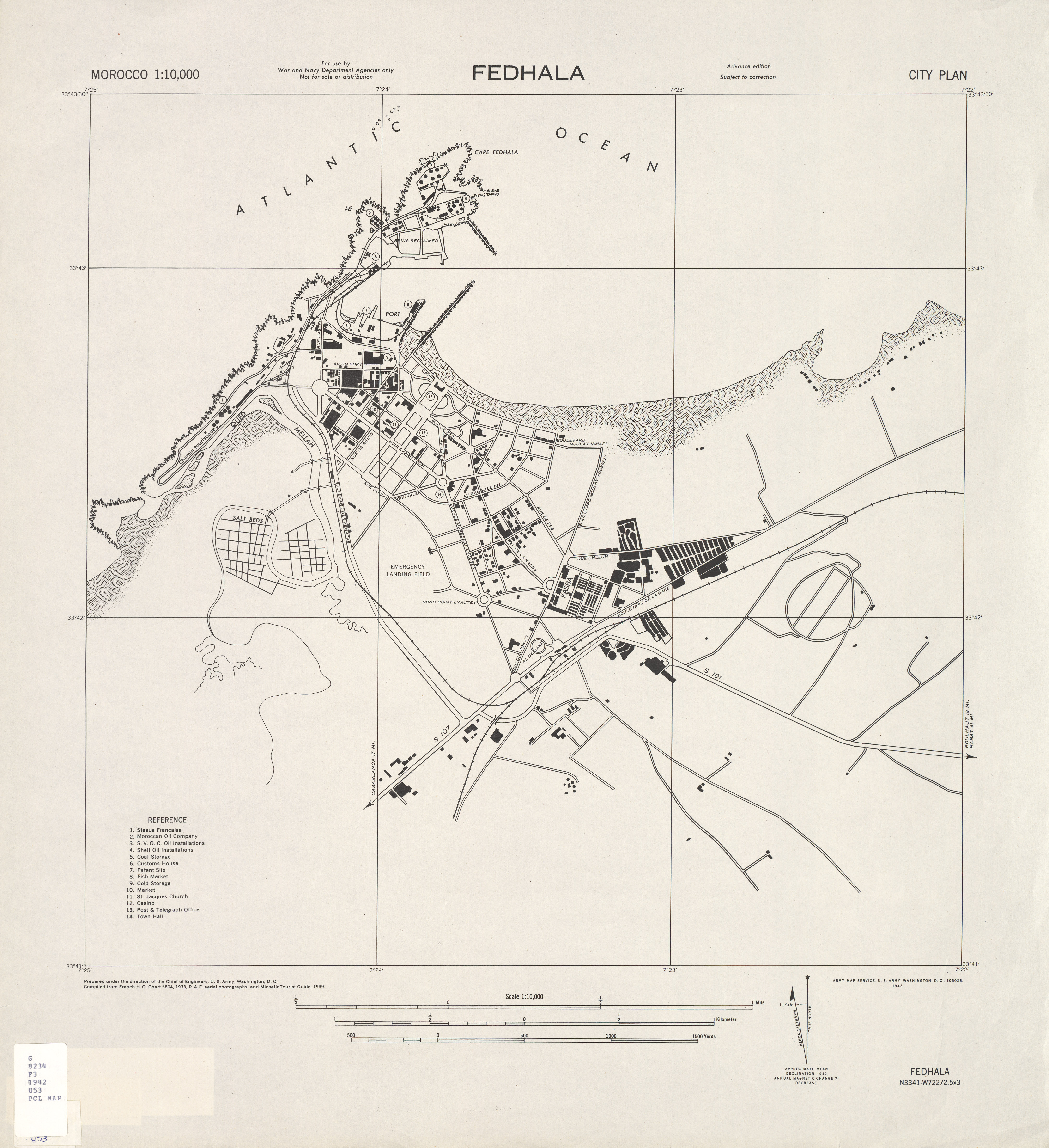 Mapa de la Ciudad de Mohammédia (Fedhala), Marruecos 1942