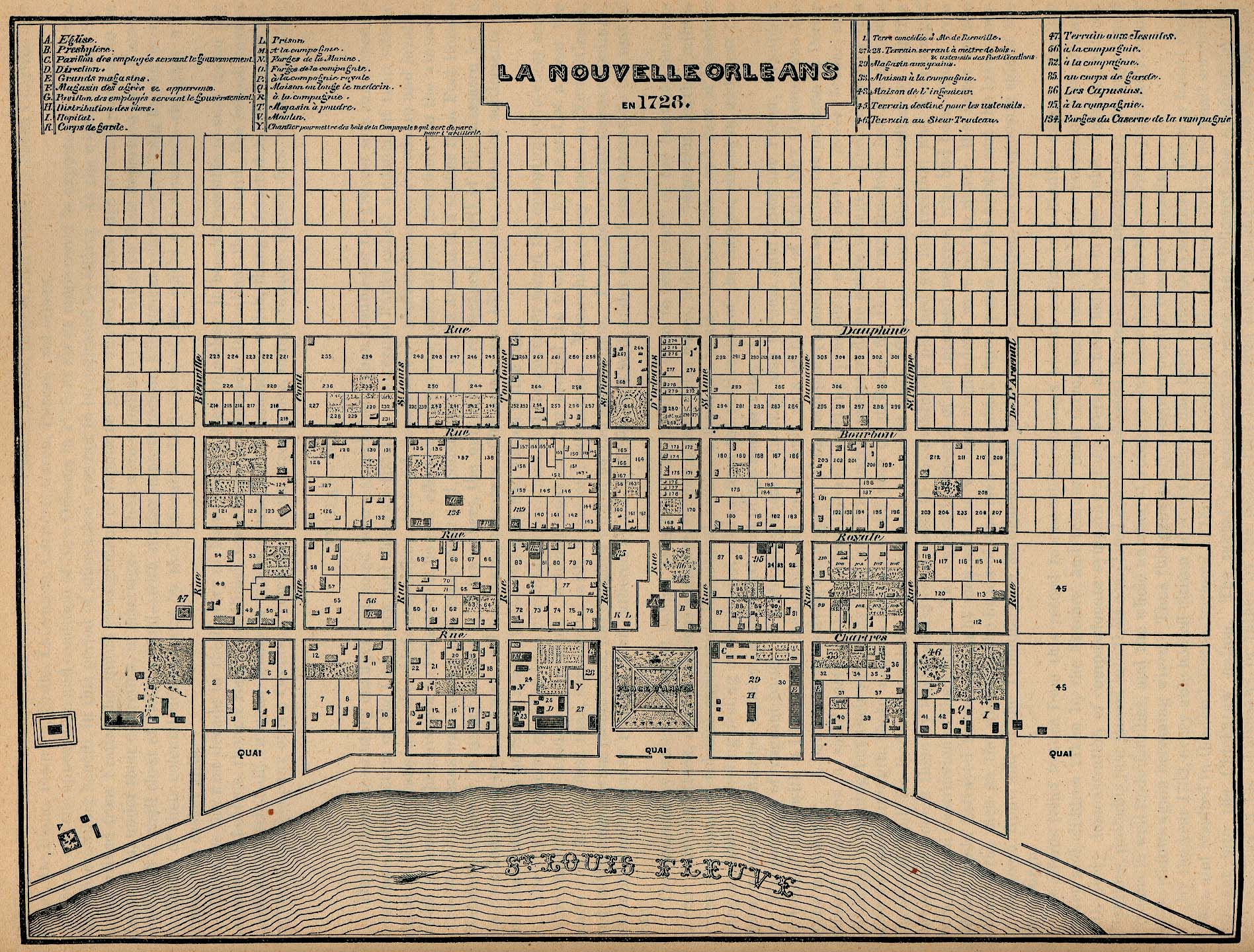 Mapa de la Ciudad de Nueva Orleans, Luisiana, Estados Unidos 1728