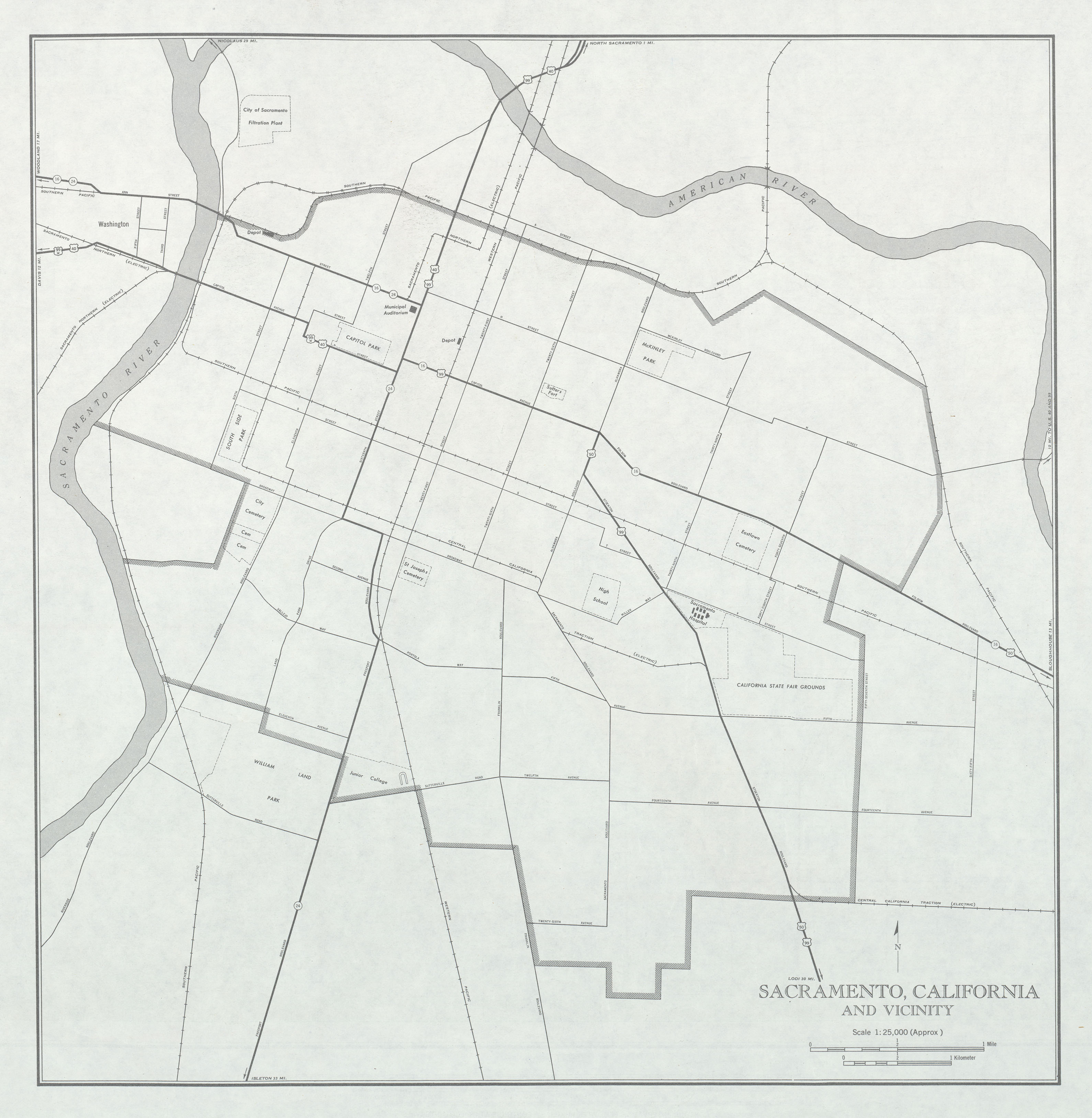 Mapa de la Ciudad de Sacramento y Cercanías, California, Estados Unidos 1947
