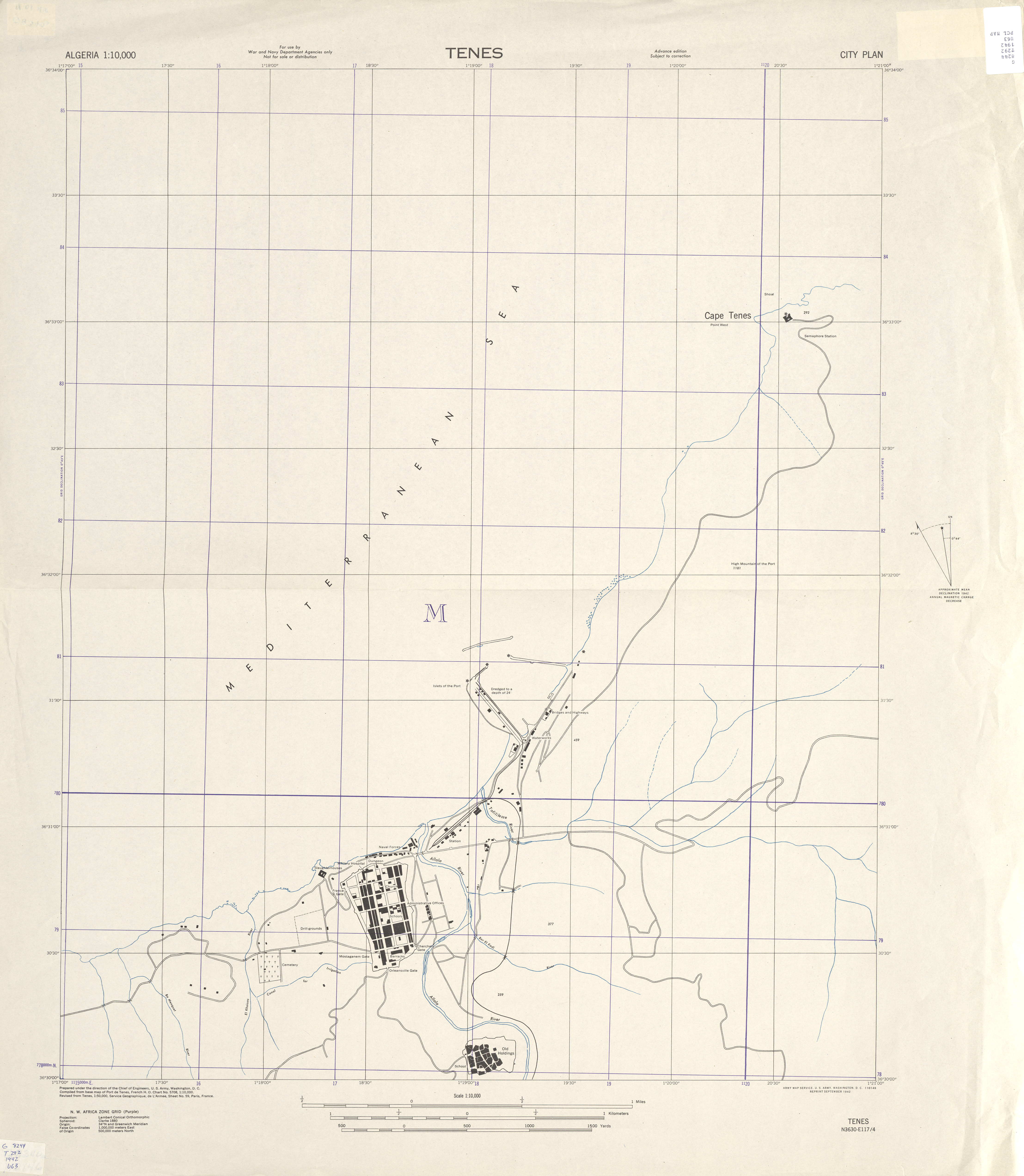 Mapa de la Ciudad de Ténès, Argelia 1942