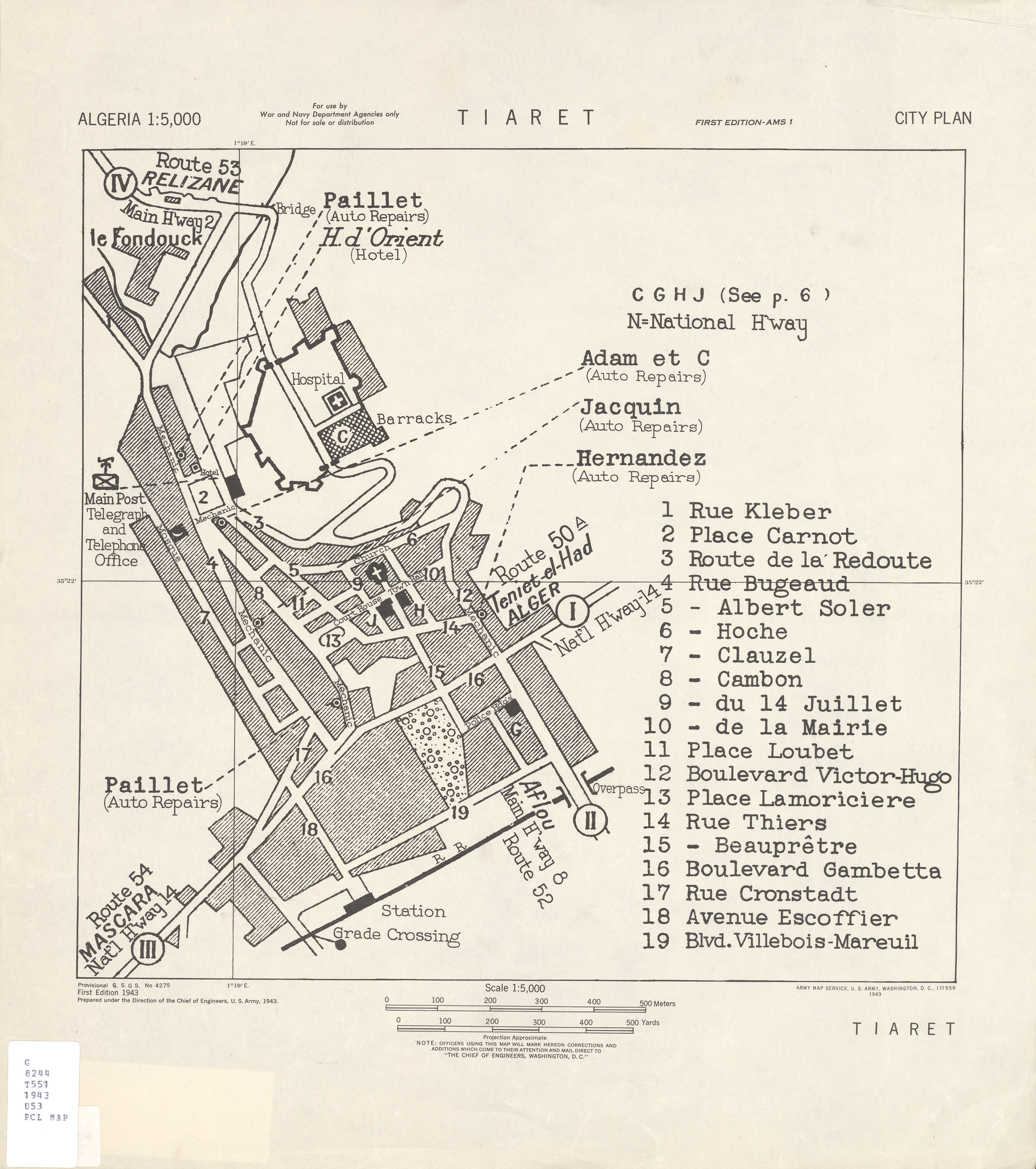 Mapa de la Ciudad de Tiaret, Argelia 1943