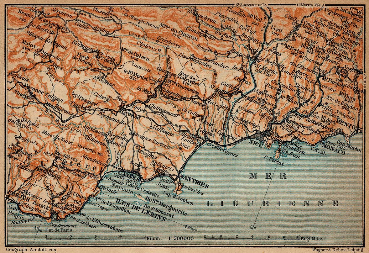 Mapa de la Costa Azul, Desde Fréjus Hasta Menton, Francia 1914