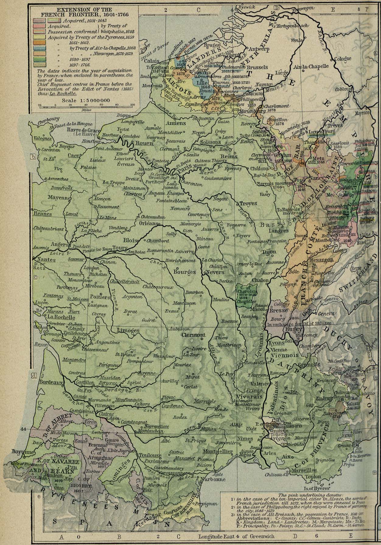 Mapa de la Extensión de las Fronteras Francesas 1601 - 1766