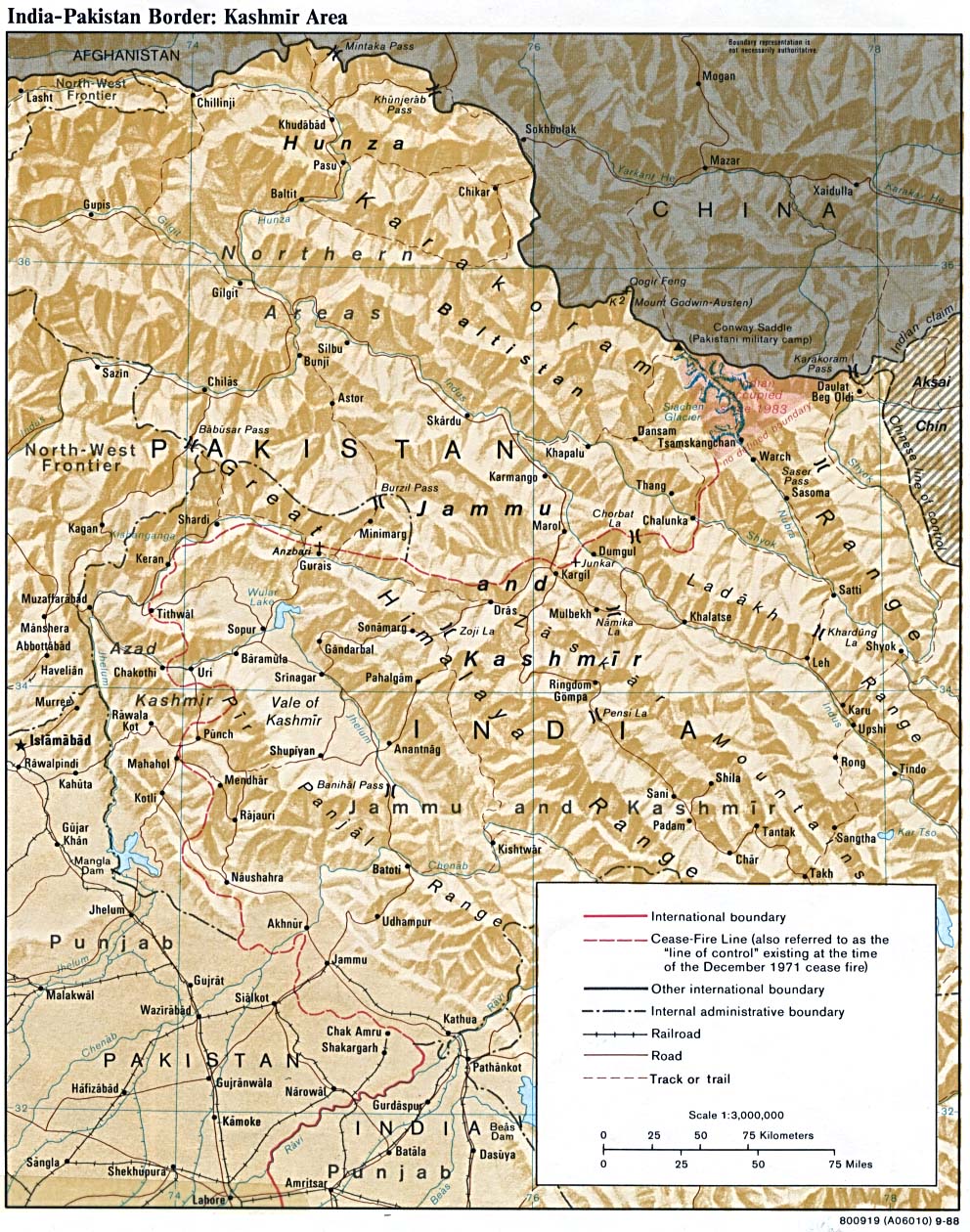 Mapa de la Frontera India - Pakistan en la Región Cachemira