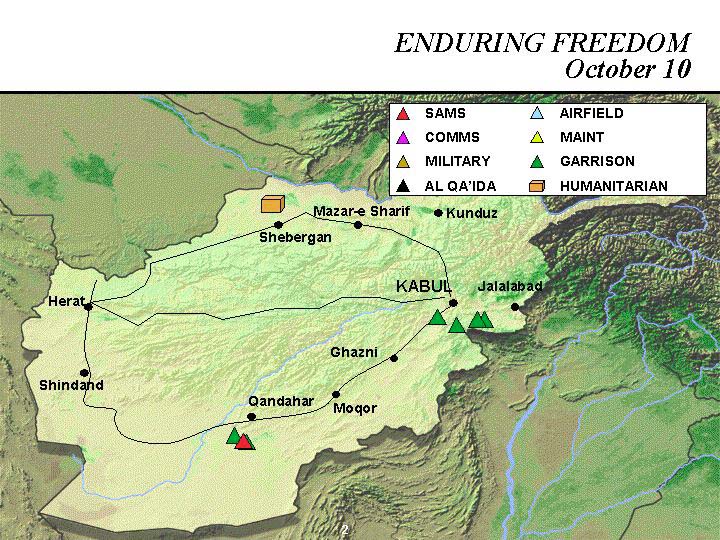 Mapa de la Operación Enduring Freedom, Afganistán 10 Octubre 2001