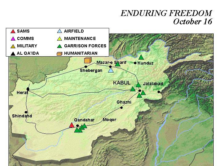 Mapa de la Operación Enduring Freedom, Afganistán 16 Octubre 2001