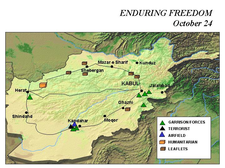 Mapa de la Operación Enduring Freedom, Afganistán 24 Octubre 2001