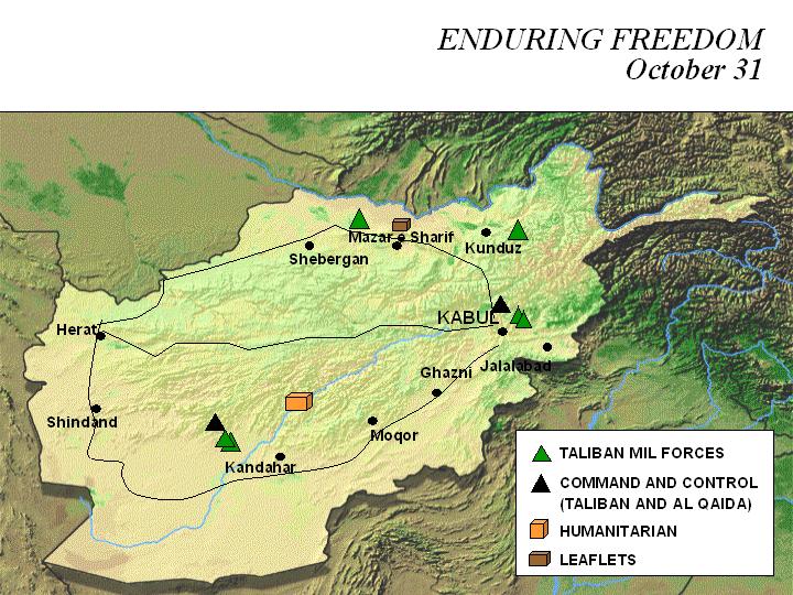 Mapa de la Operación Enduring Freedom, Afganistán 31 Octubre 2001