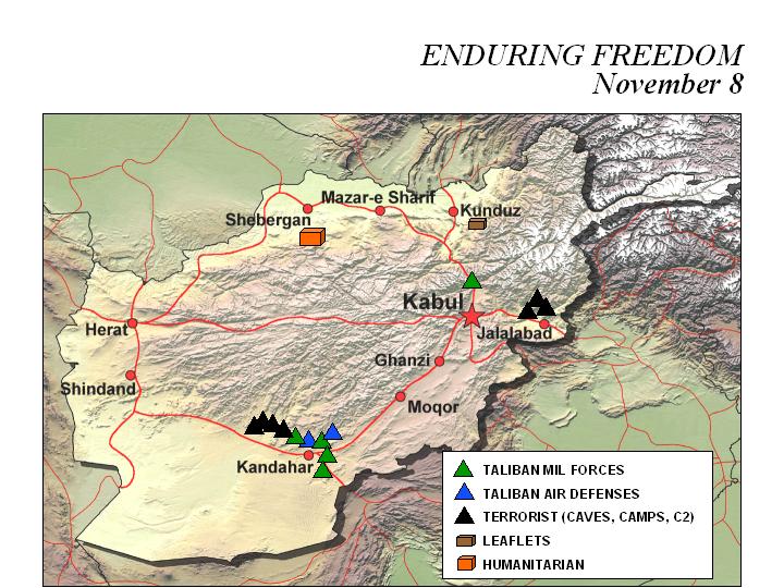 Mapa de la Operación Enduring Freedom, Afganistán 8 Noviembre 2001