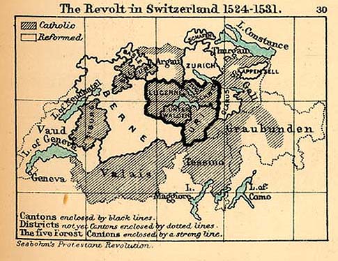 Mapa de la Rebelión en Suiza, 1524 - 1531