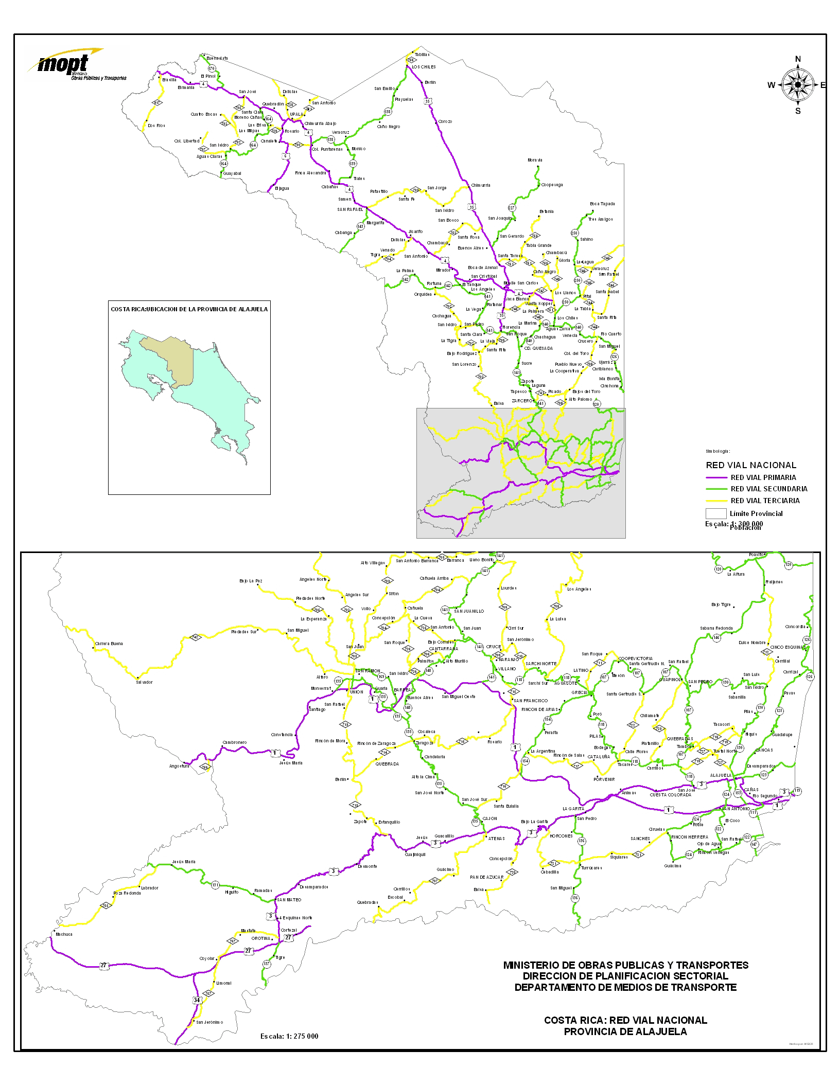 Mapa de la Red Vial de la Provincia de Alajuela, Costa Rica