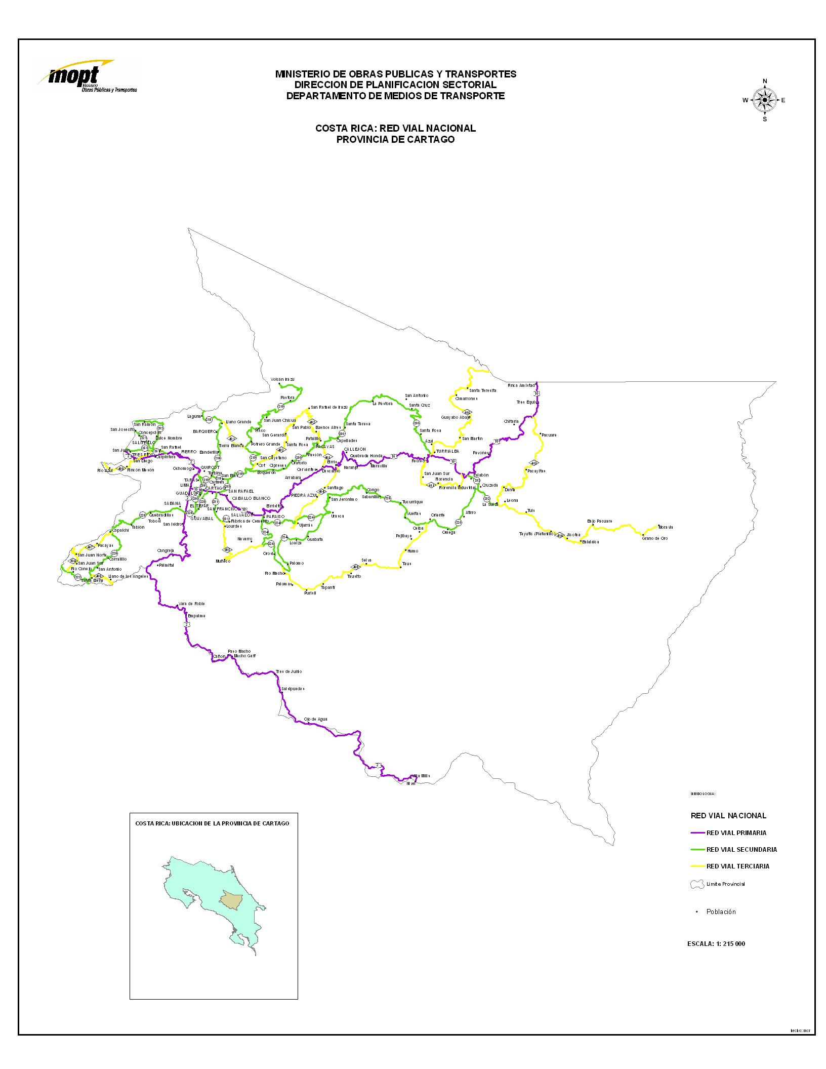 Mapa de la Red Vial de la Provincia de Cartago, Costa Rica