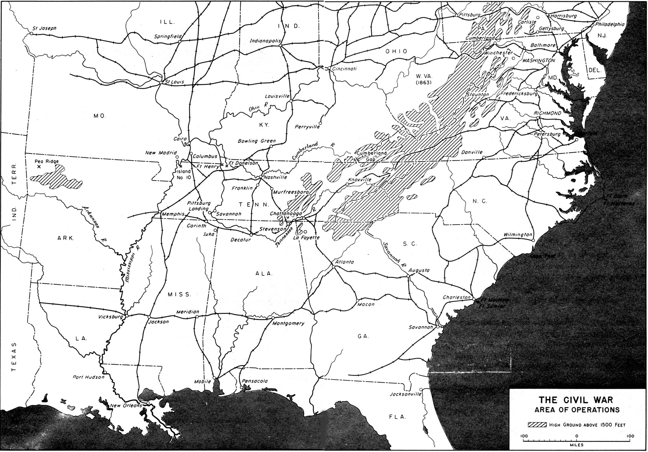 Mapa de la Región de Operaciones de la Guerra Civil Estadounidense 1861 - 1865