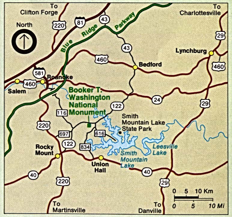 Mapa de la Región del Monumento Nacional Booker T. Washington, Virginia, Estados Unidos