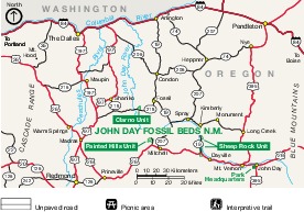 Mapa de la Región del Monumento Nacional John Day Fossil Beds, Oregón, Estados Unidos