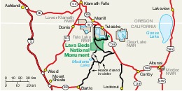 Mapa de la Región del Monumento Nacional Lava Beds, California, Estados Unidos