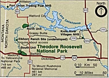Mapa de la Región del Parque Nacional Theodore Roosevelt, Dakota del Norte, Estados Unidos