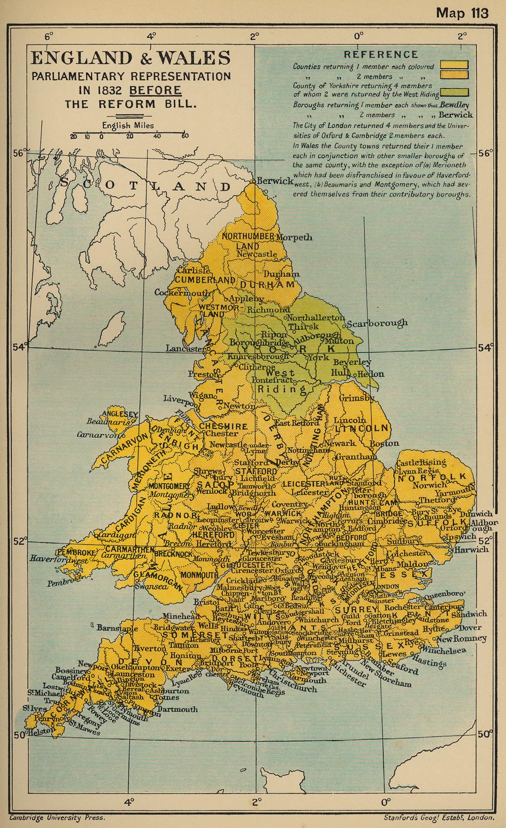 Mapa de la Representación Parlamentaria de Inglaterra y del País de Gales en 1832 Antes del Acto Reformatorio de 1832