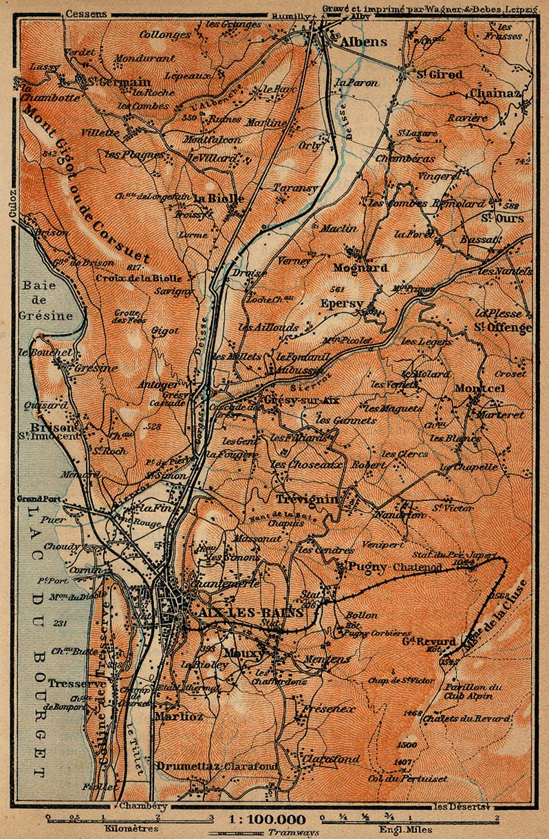 Mapa de las Cercanías de Aix-les-Bains, Francia 1914