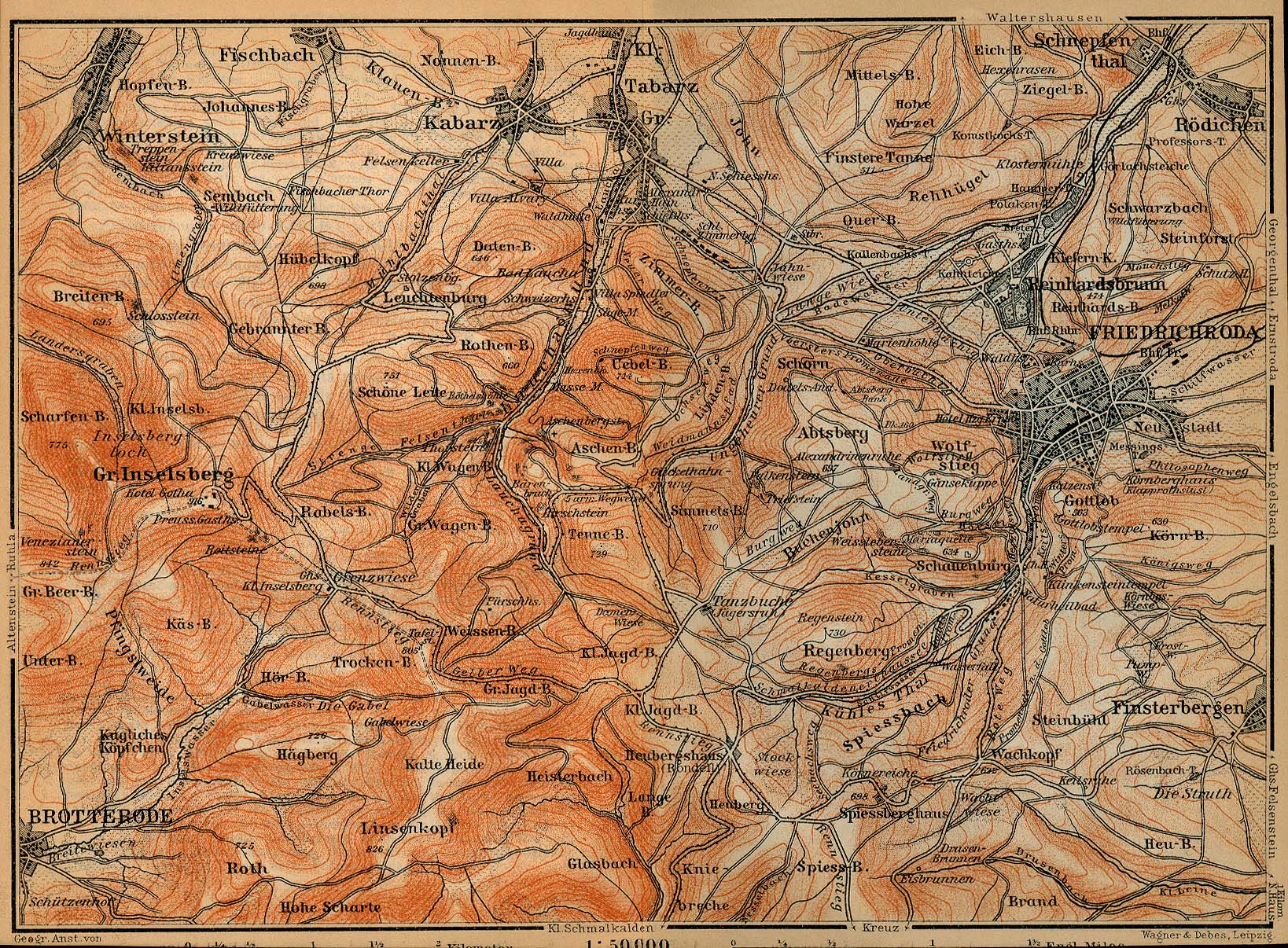 Mapa de las Cercanías de Friedrichroda, Alemania 1910