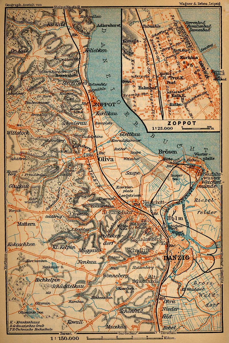 Mapa de las Cercanías de Gdansk (Danzig), Polonia 1910