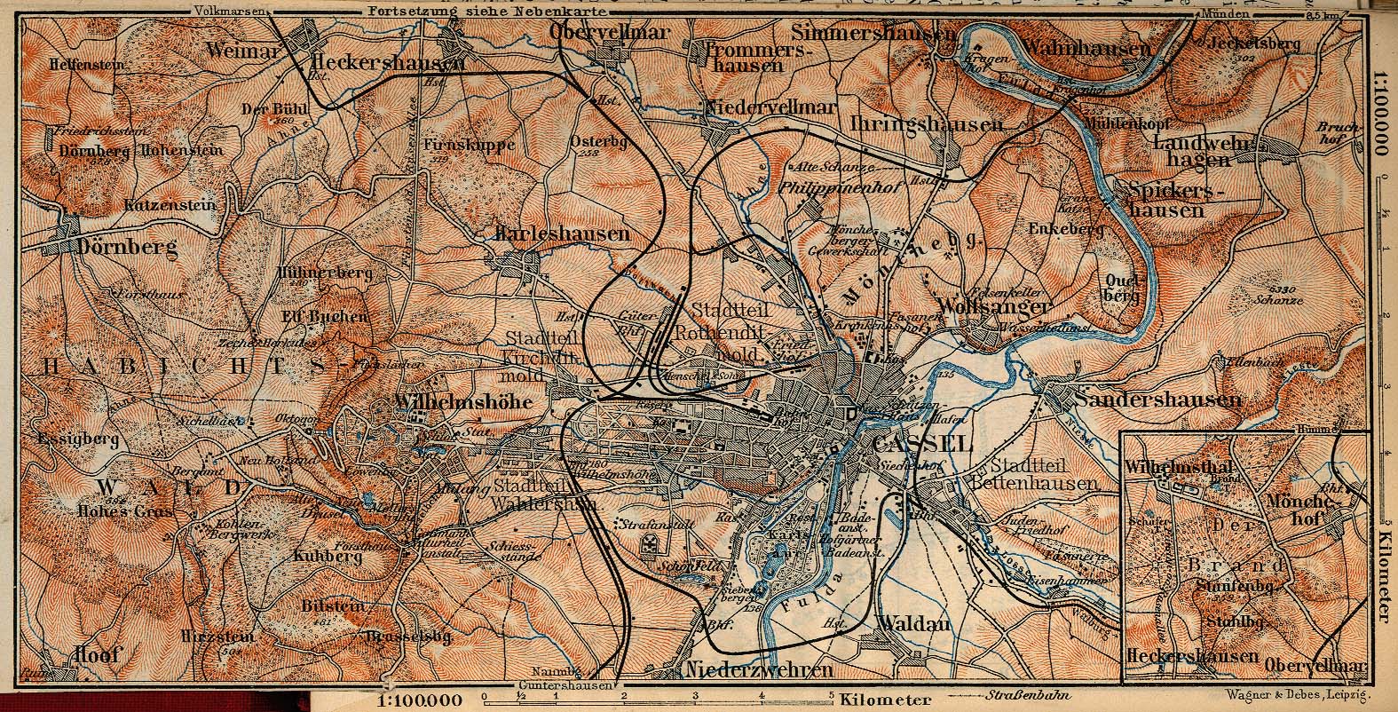 Mapa de las Cercanías de Kassel Alemania 1910