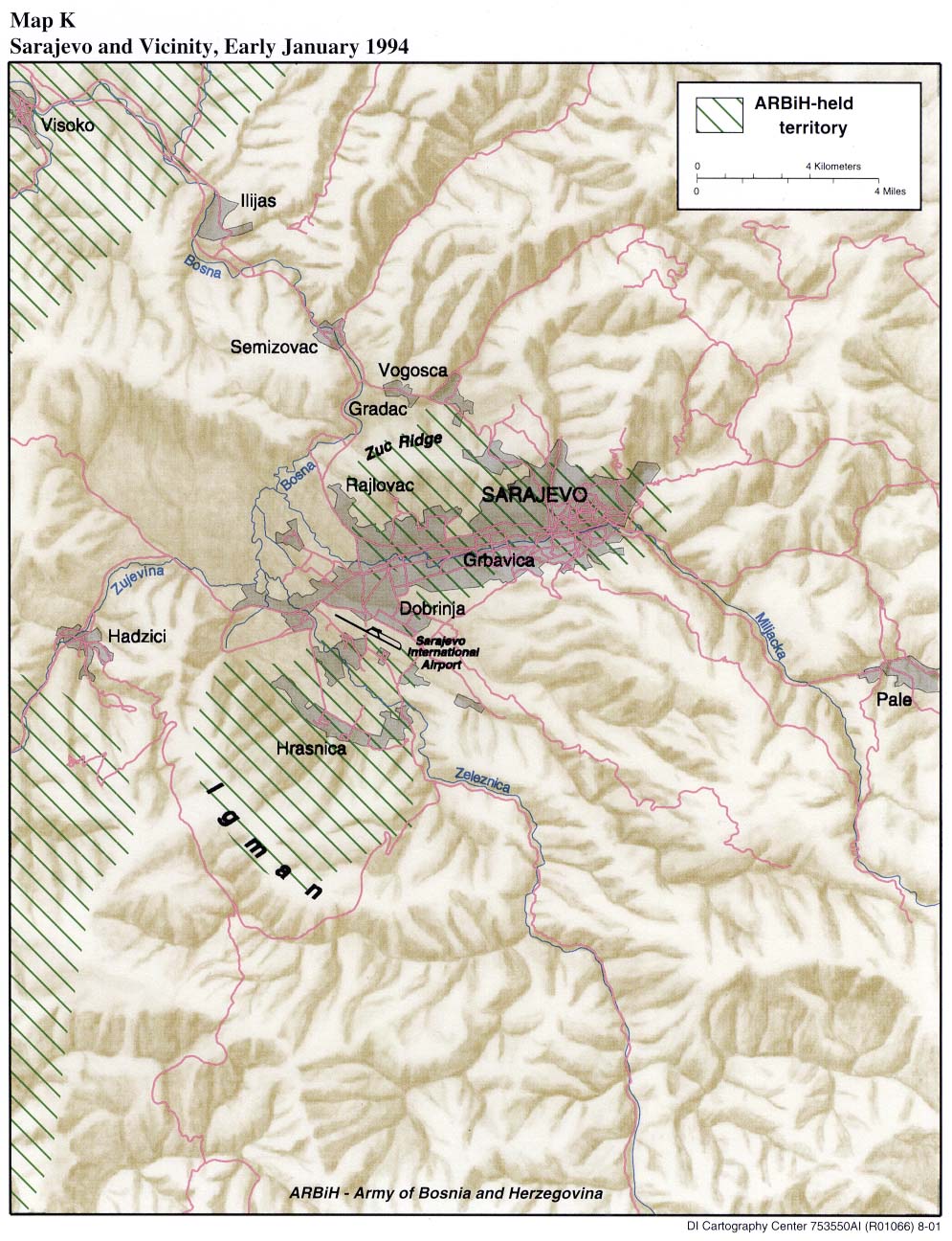 Mapa de las Cercanías de Sarajevo, Enero 1994