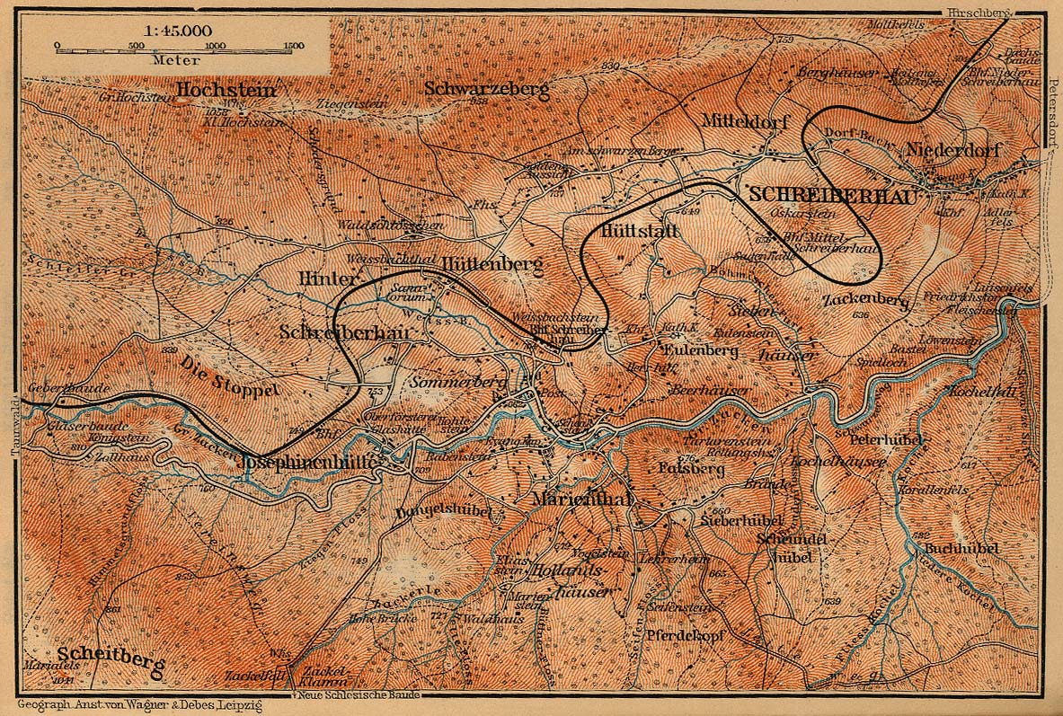 Mapa de las Cercanías de Szklarska Poreba (Schreiberhau), Polonia 1910