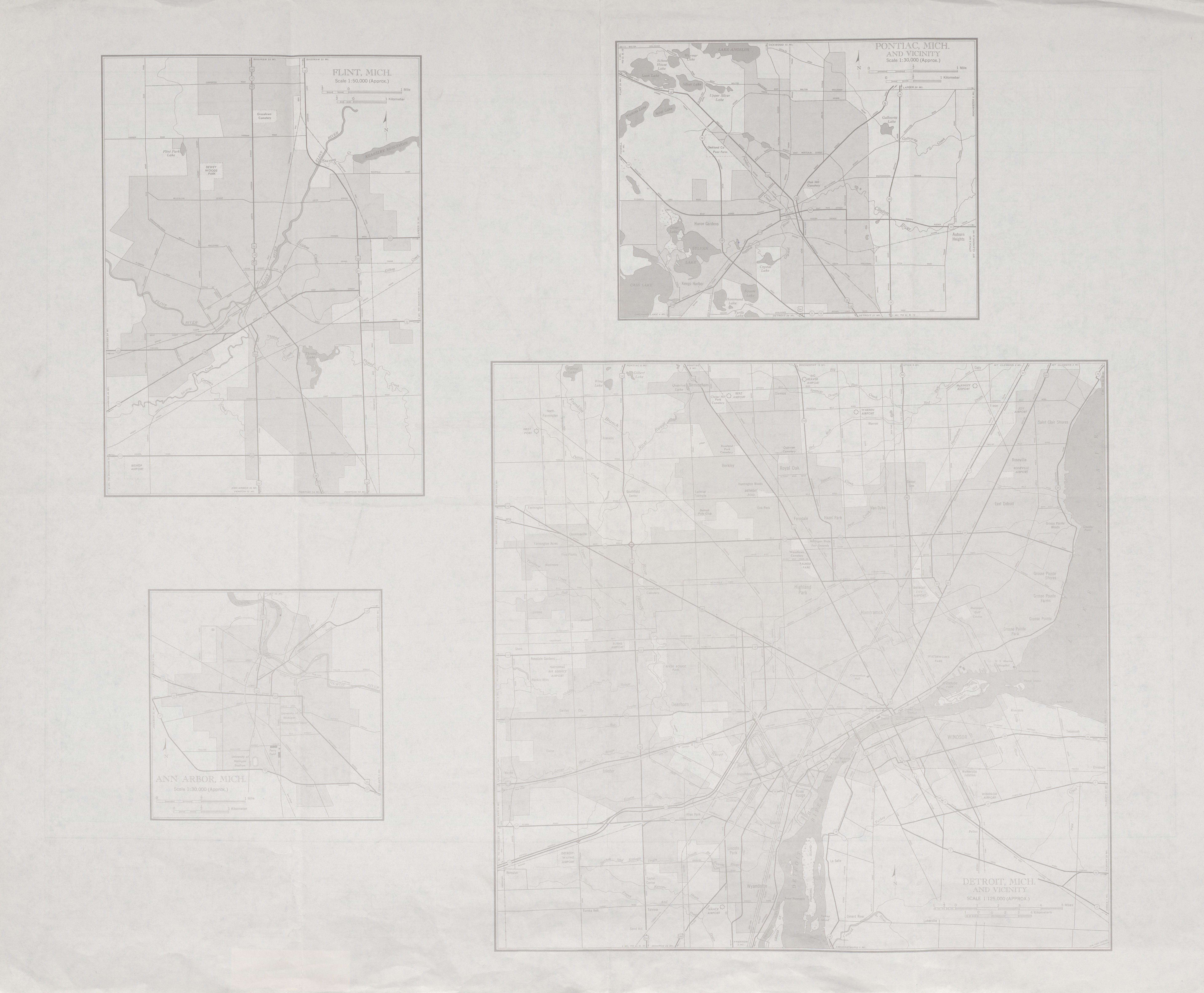 Mapa de las Ciudades de Flint, Ann Arbor, Pontiac, Detroit, Michigan, Estados Unidos 1949