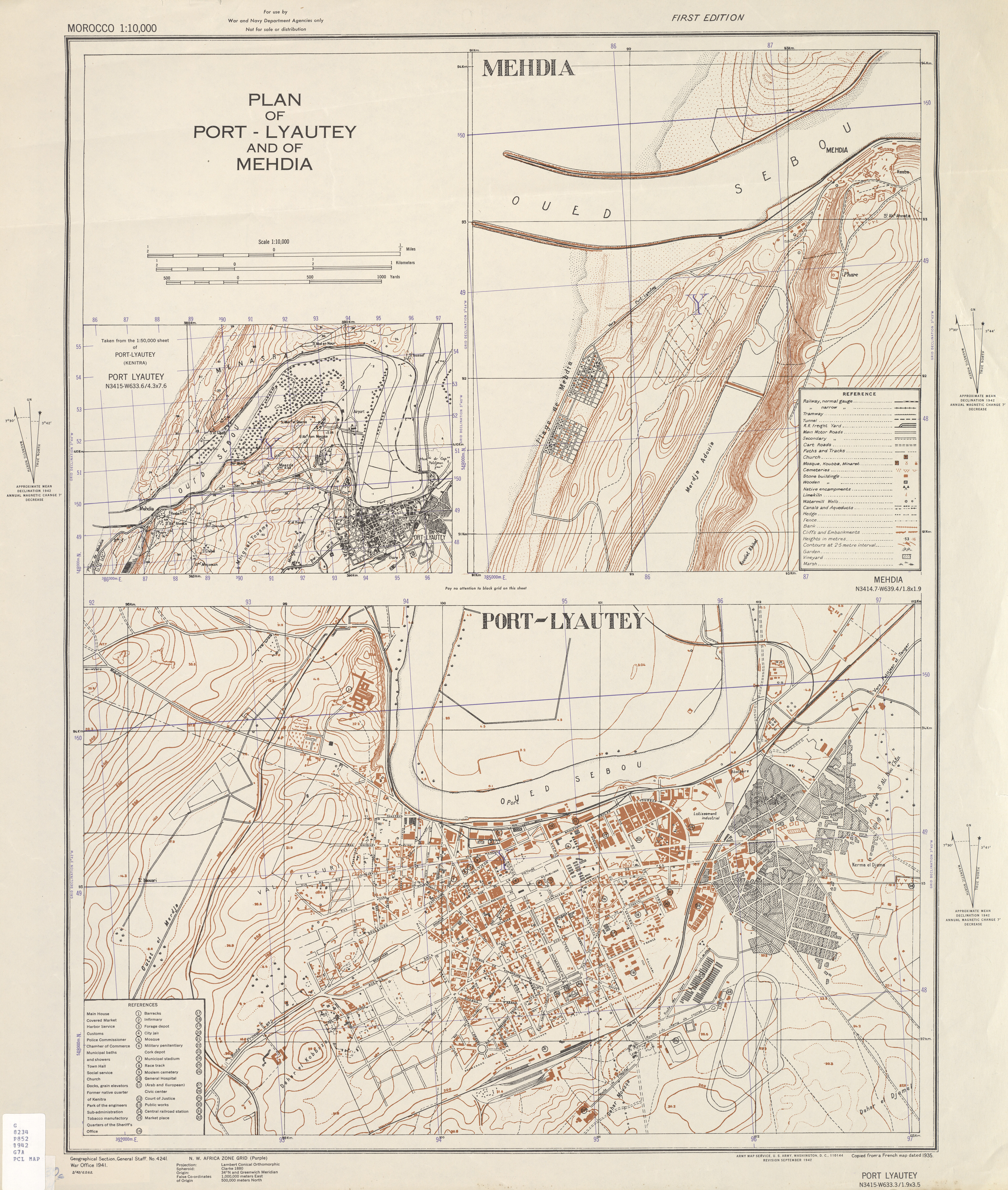 Mapa de las Ciudades de Kenitra (Port Lyautey) y Mehdia, Marruecos 1942