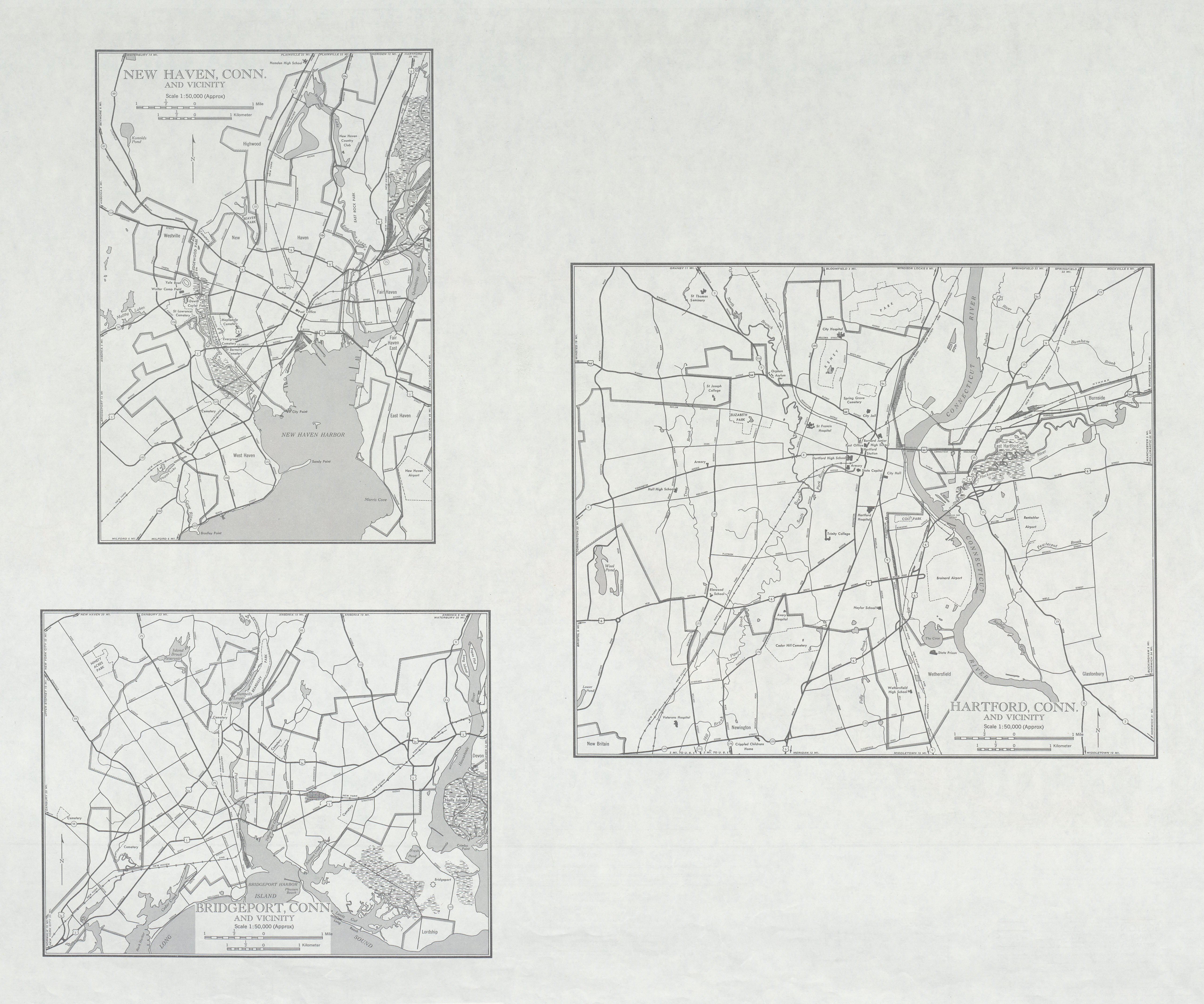Mapa de las Ciudades de New Haven, Bridgeport, Hartford, y Cercanías, Connecticut, Estados Unidos 1946