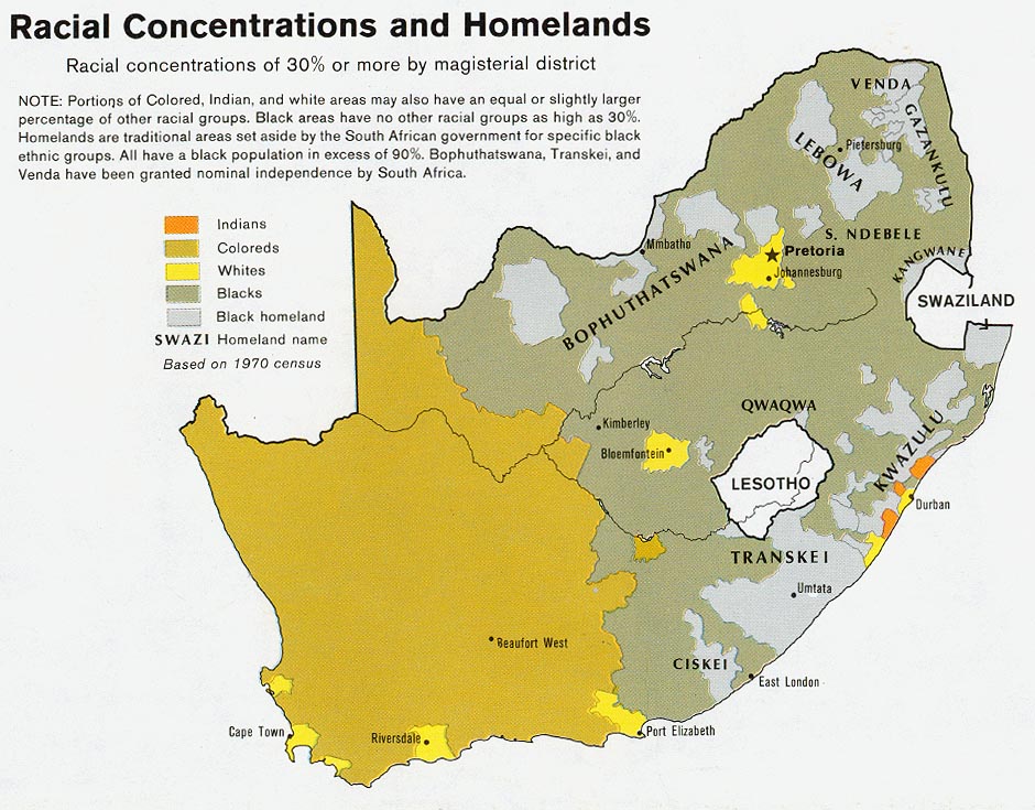 Mapa de las Concentraciones Racial y Bantustanes en Sudáfrica