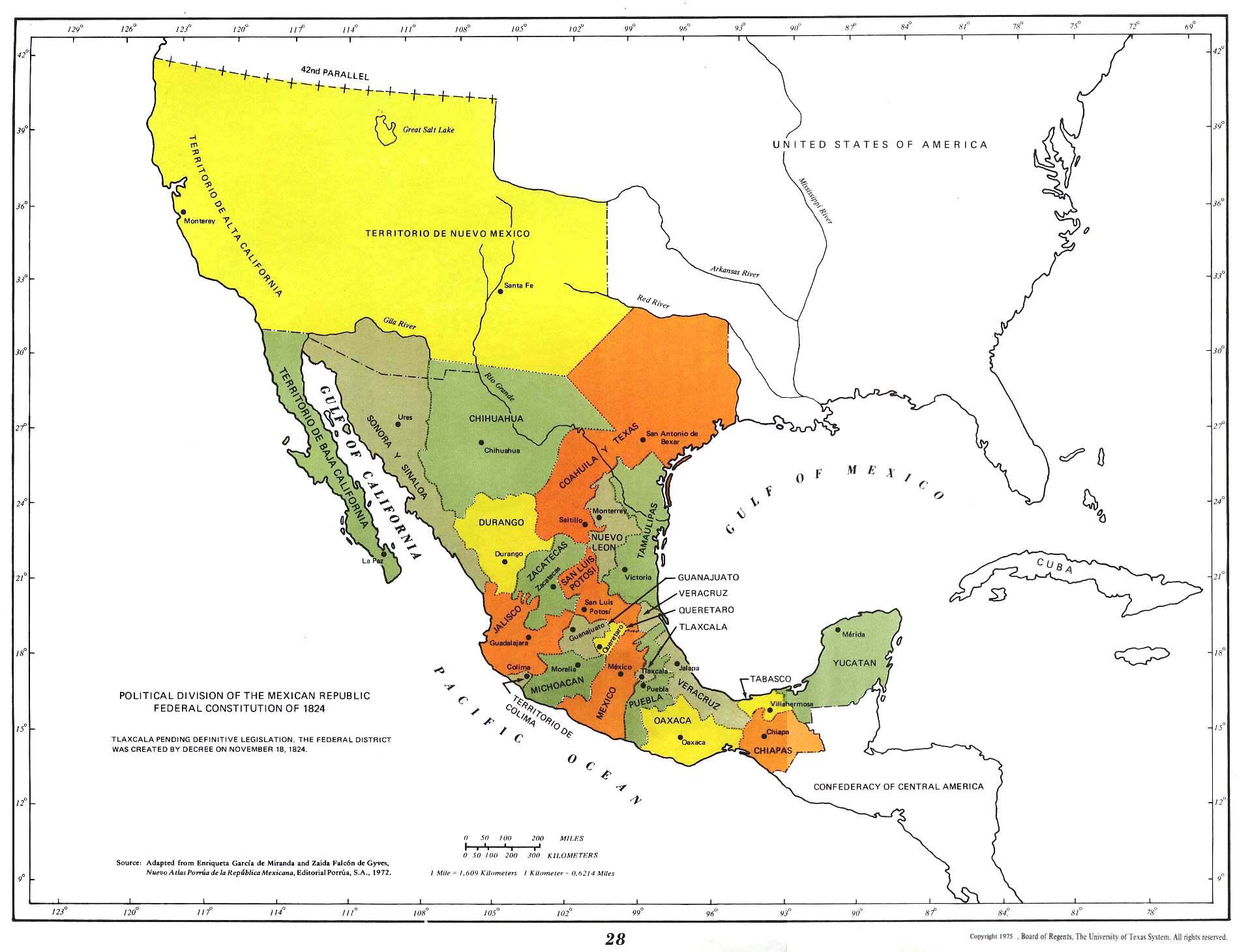 Mapa de las Divisiones Política de la República Mexicana Segun Constitución Federal de 1824, México