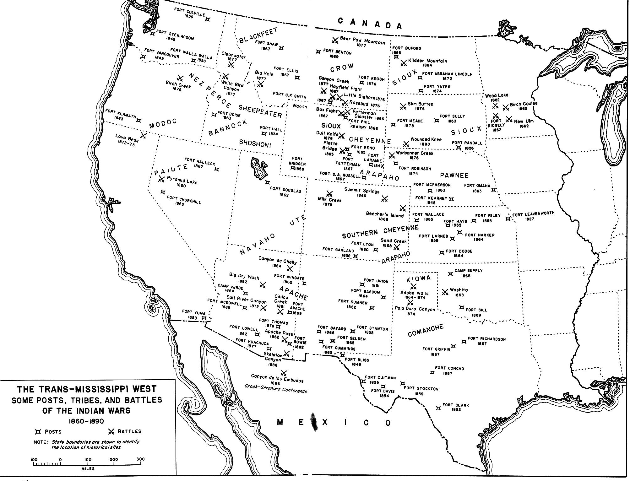 Mapa de las Guerras Indias del Trans-Misisipi Occidental, Estados Unidos 1860 - 1890