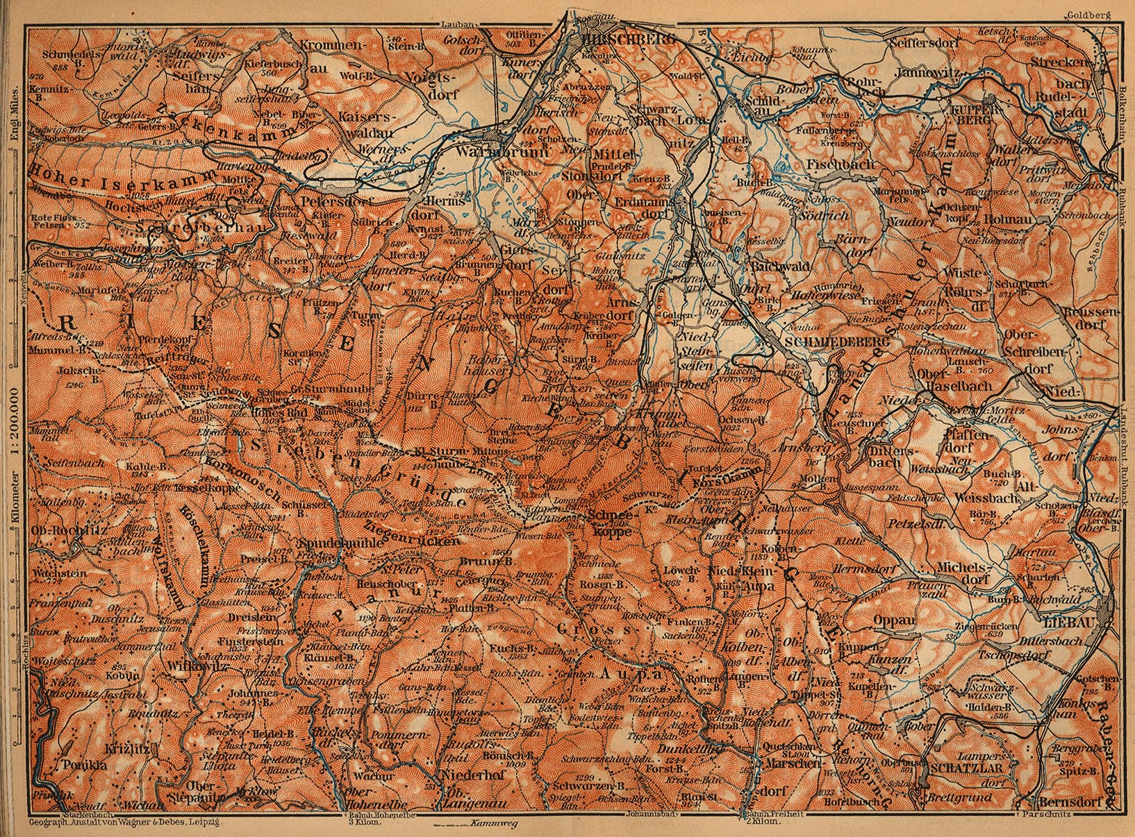 Mapa de las Karkonosze, Polonia - República Checa 1910