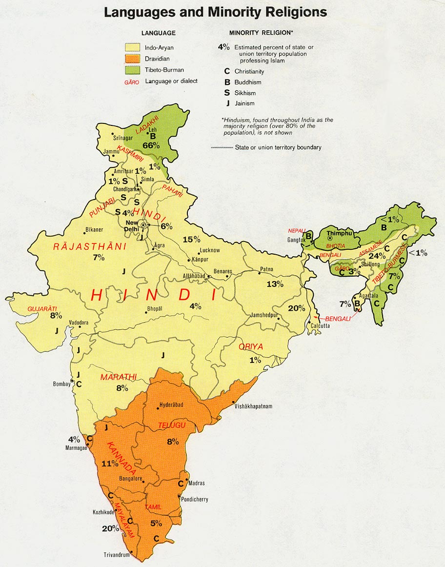 Mapa de las Lenguas y de las Religiones Minoritarias de India