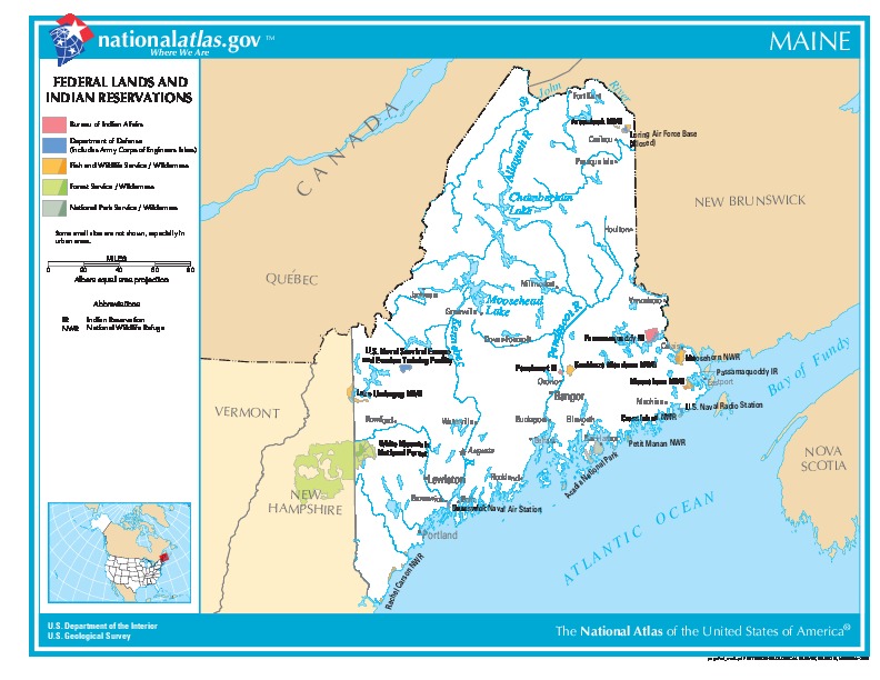 Mapa de las Tierras Federales y de las Reservas Indigenas, Maine, Estados Unidos