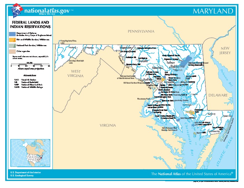 Mapa de las Tierras Federales y de las Reservas Indigenas, Maryland, Estados Unidos