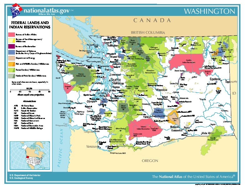 Mapa de las Tierras Federales y de las Reservas Indigenas, Washington, Estados Unidos