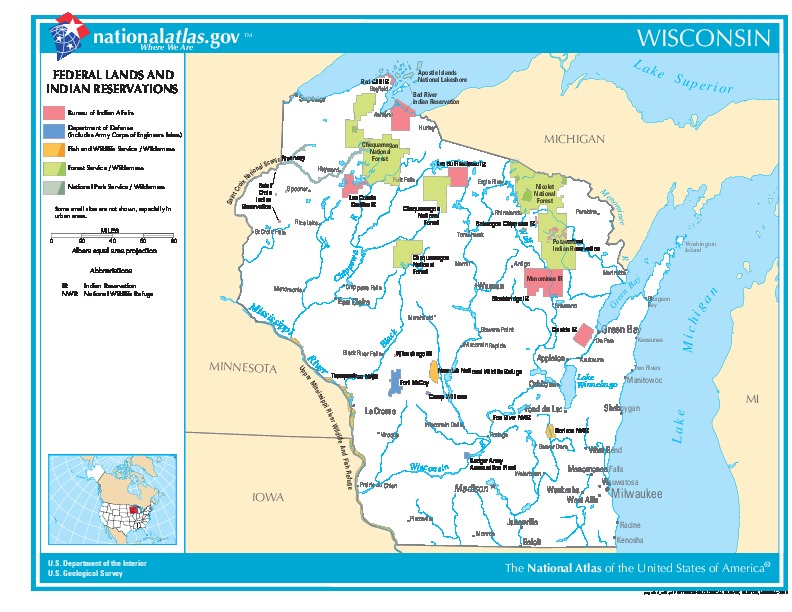 Mapa de las Tierras Federales y de las Reservas Indigenas, Wisconsin, Estados Unidos