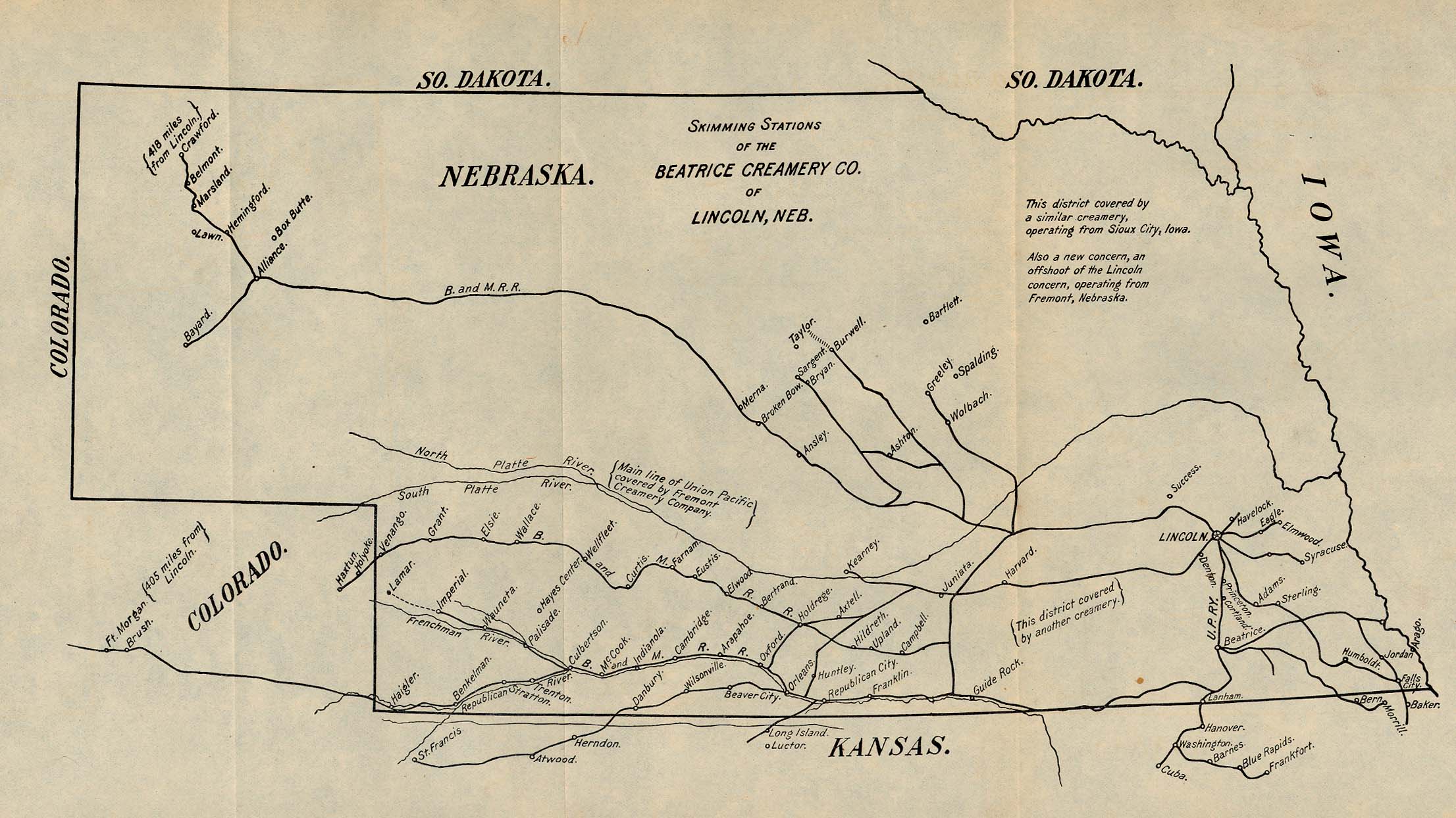 Mapa de los Centros de Acopio de la Beatrice Creamery Co. de Lincoln, Nebraska, Estados Unidos 1901