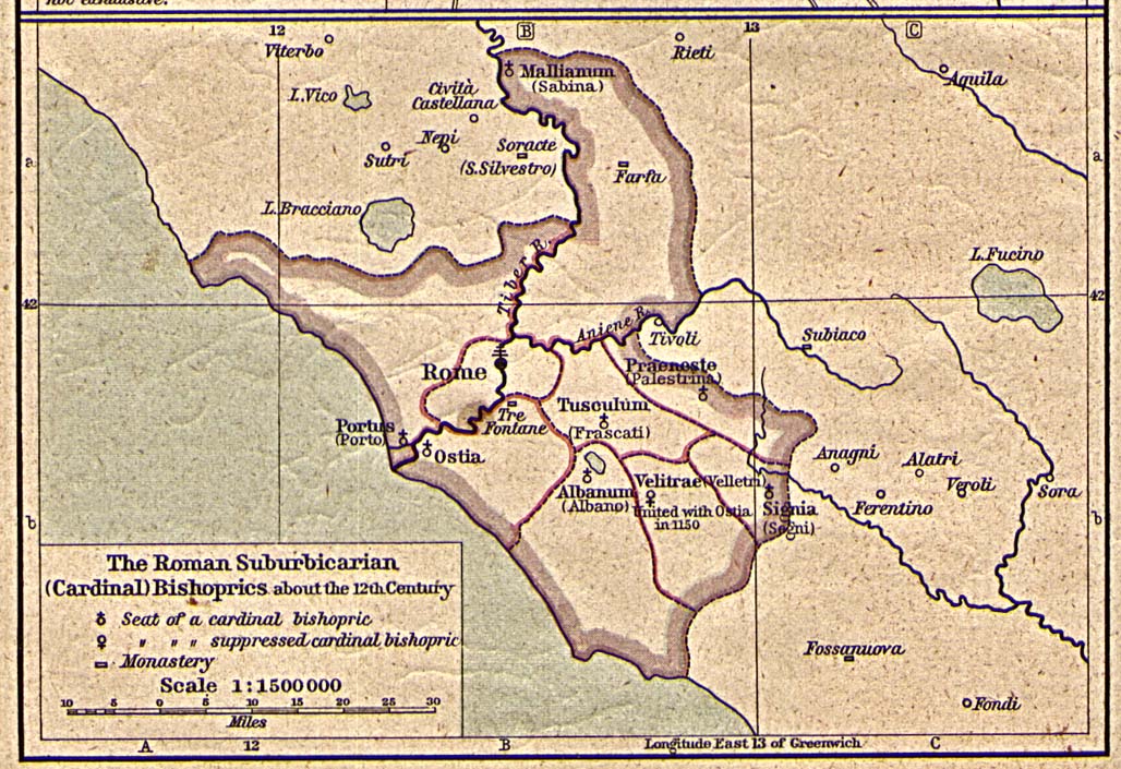 Mapa de los Diócesis Suburbicarias de Roma Circa el Siglo 12
