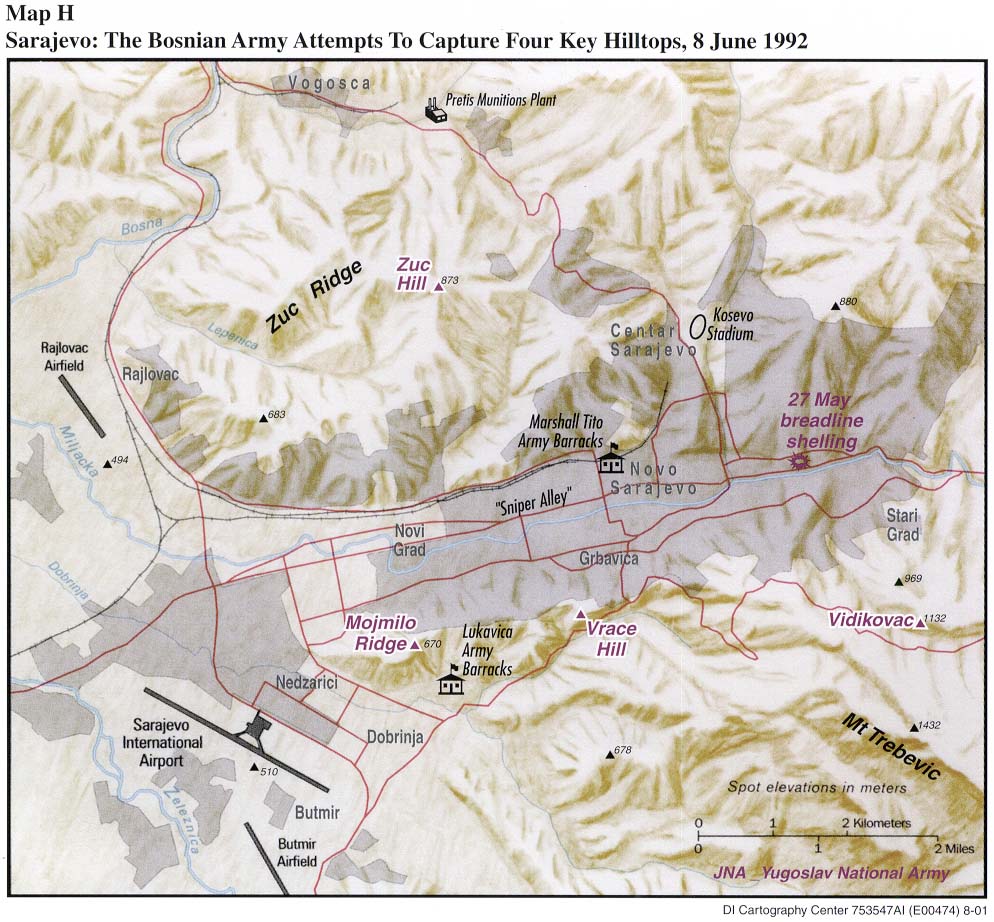 Mapa de los Intentos del Ejército de Bosnia y Herzegovina Para Capturar Cuatro Colinas Estratégicas, Sarajevo, Bosnia y Herzegovina, 8 Junio 1992