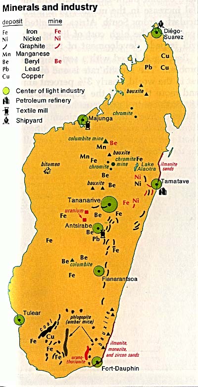 Mapa de los Minerales y Industria de Madagascar