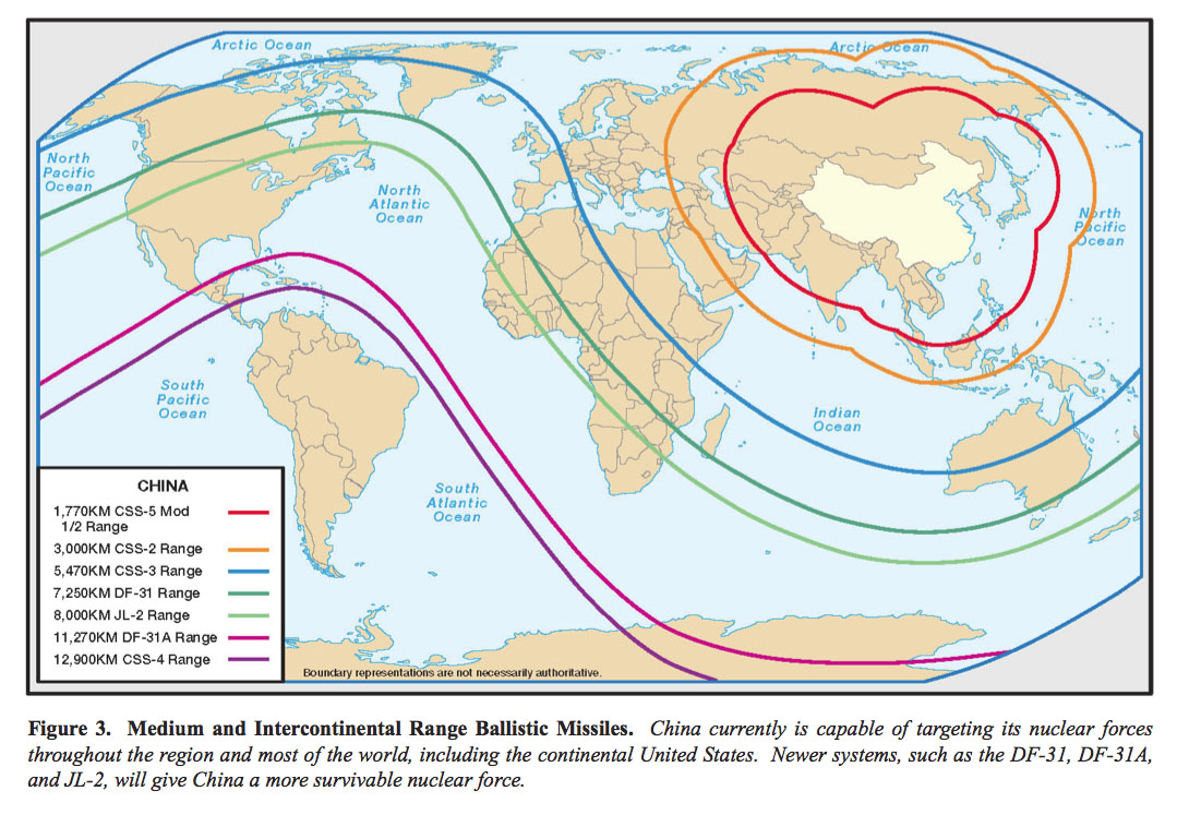 Mapa de los Misiles Balísticos de Alcance Mediano y Intercontinental de China