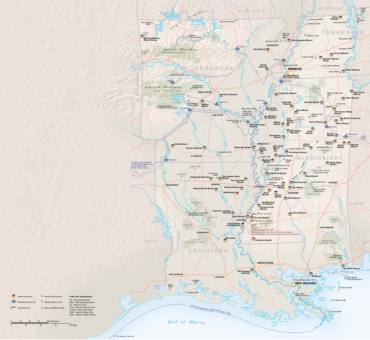 Mapa de los Montículos Funerarios, Valle del Río Misisipi, Luisiana y Misisipi