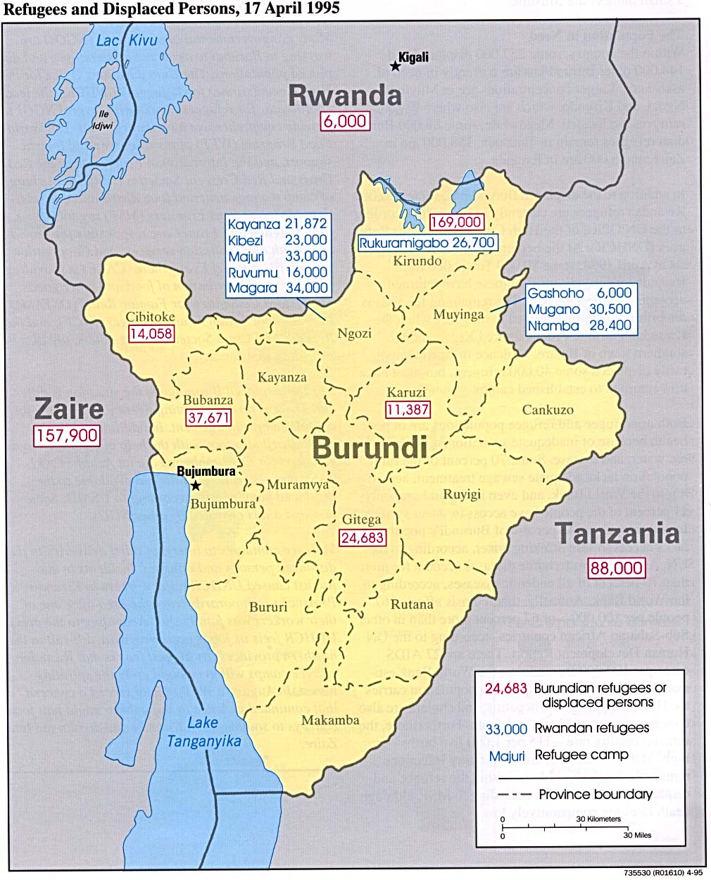 Mapa de los Refugiados y Personas Desplazadas, Burundi, 17 Abril 1995