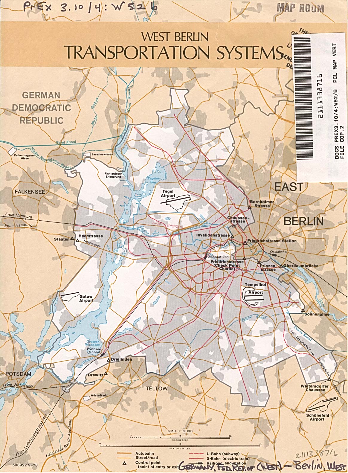 Mapa de los Sistemas de Transporte de Berlín (Oeste), Ex Alemania Occidental 1978