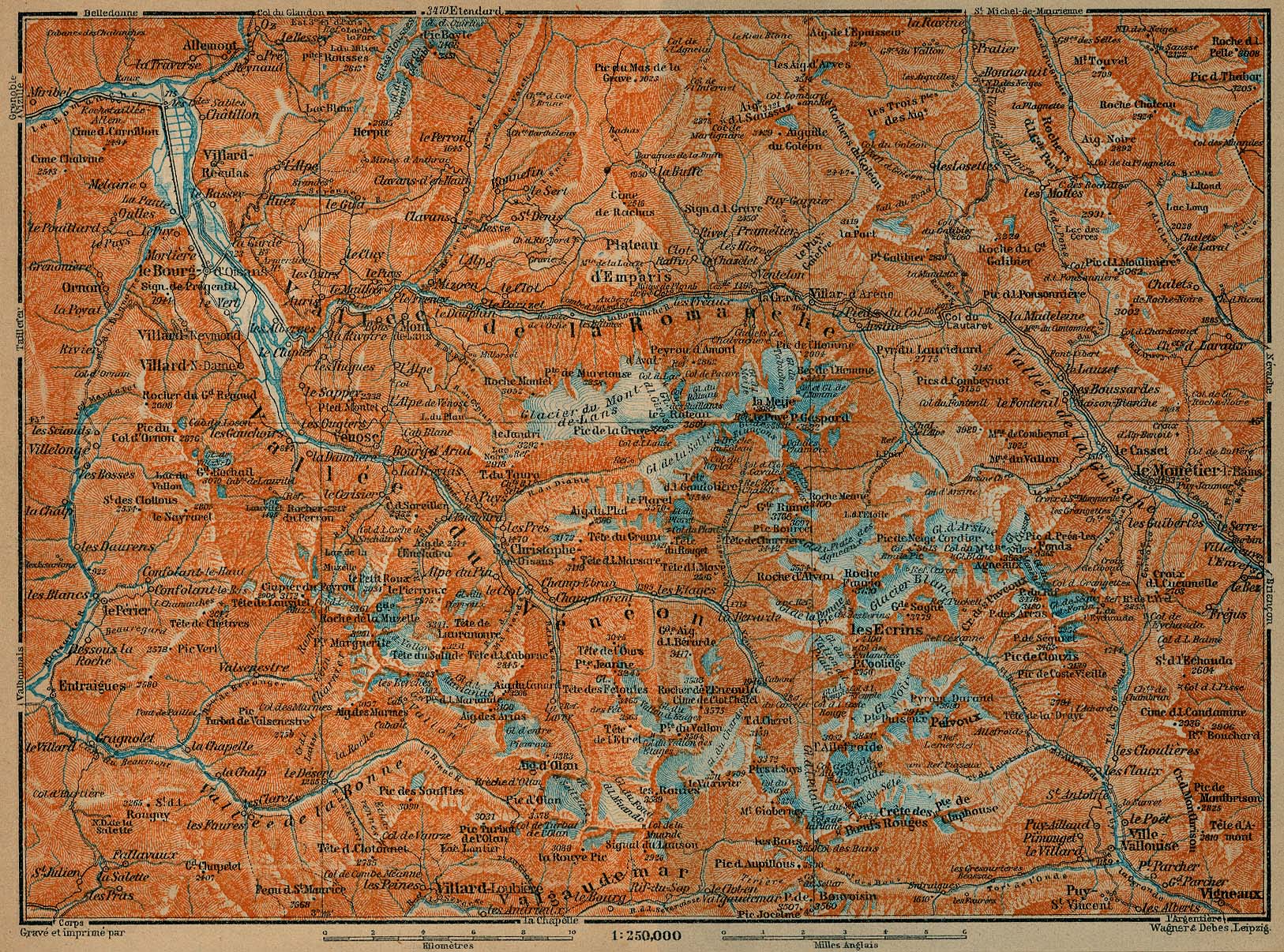 Mapa de los Valles Románche y the Veneon, Francia 1914