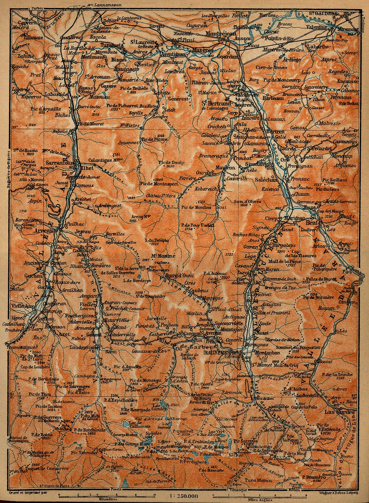 Mapa de los Valles d'Aure, de Luchon y d'Aran, Francia 1914